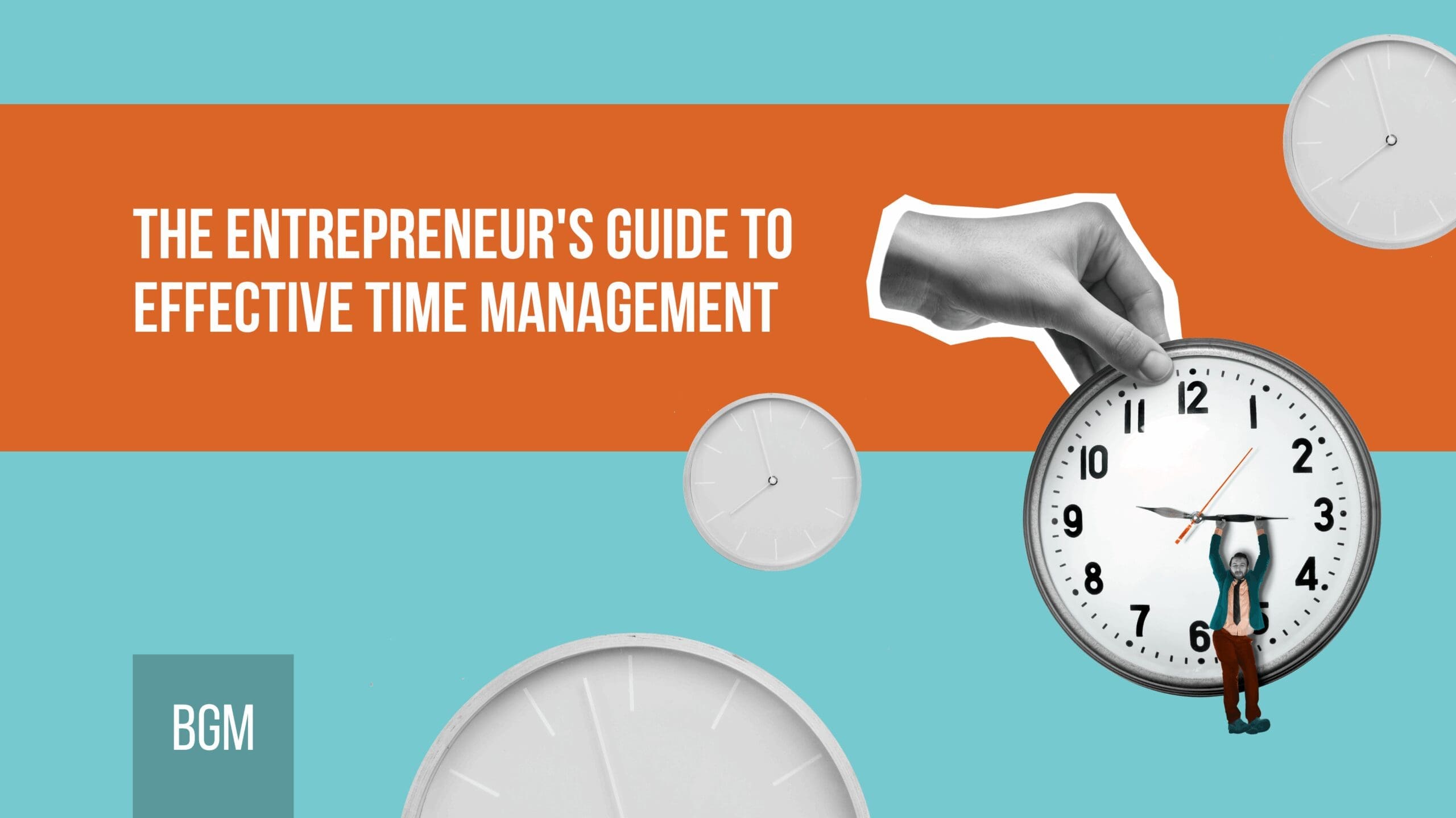 Time management infographic showing a large hand adjusting a clock face while a miniature professional hangs from the clock hands.