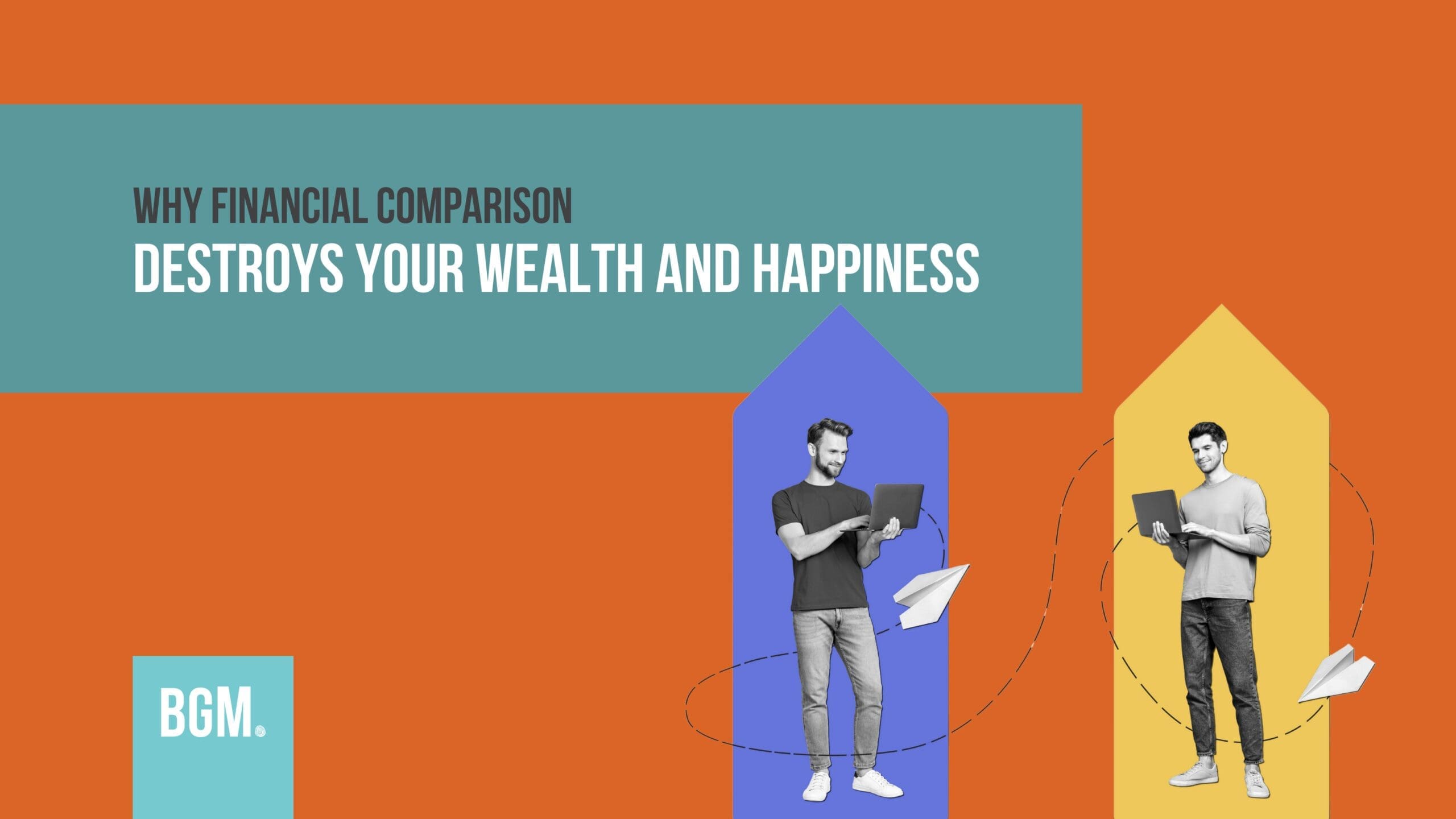 Financial comparison infographic showing two men with laptops standing in front of large blue and yellow upward-pointing arrows.